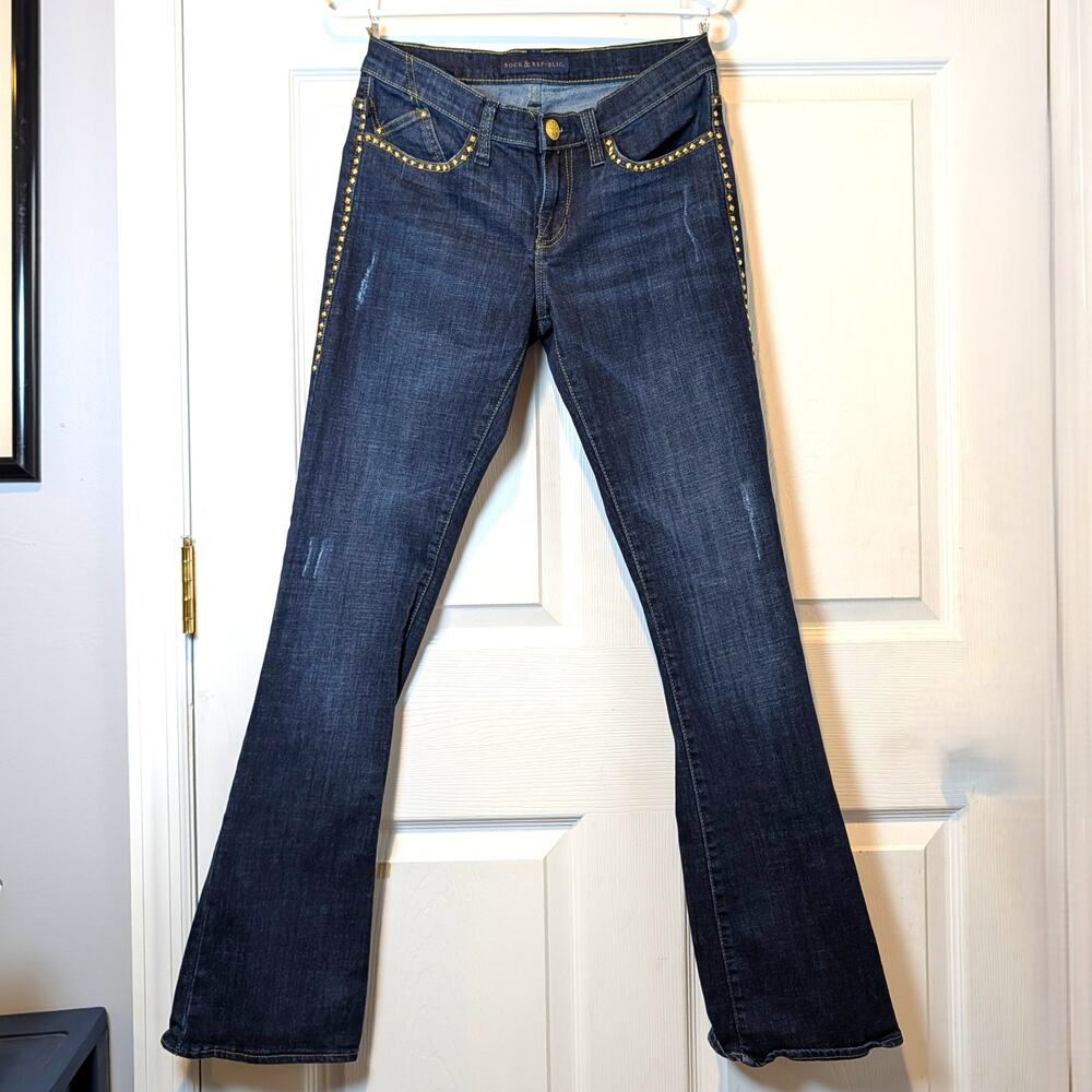 Rock & Republic Kasandra Bootcut Jeans Size 6 Dark Wash Studded Flap Pocket Y2K